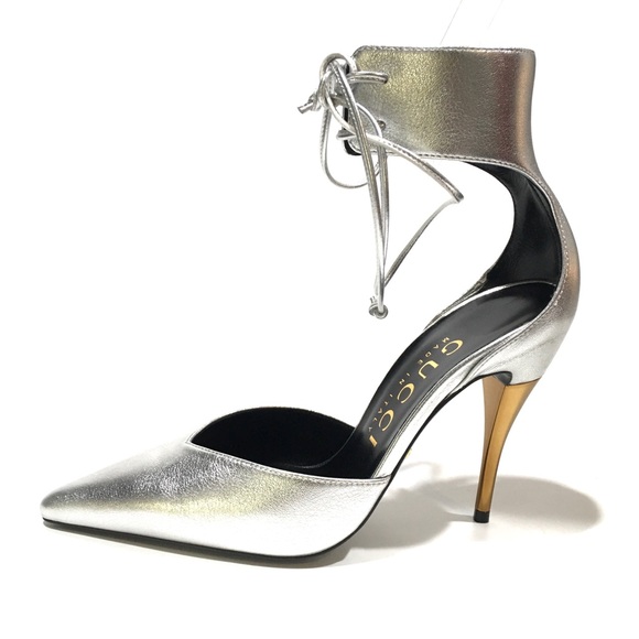 GUCCI ANKLE CUFF PUMPS -SILVER LEATHER / GOLD HEELS -US 7 -NEW - Picture 3 of 13
